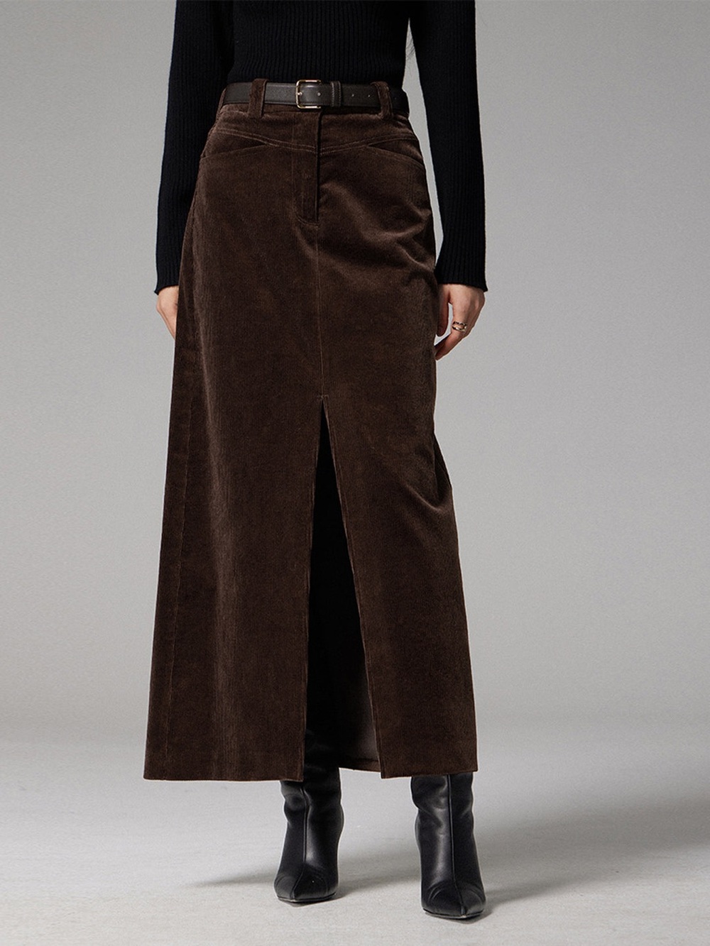 COMMENSE Pockets Corduroy Slit Maxi Skirt Brown Size XS NWT